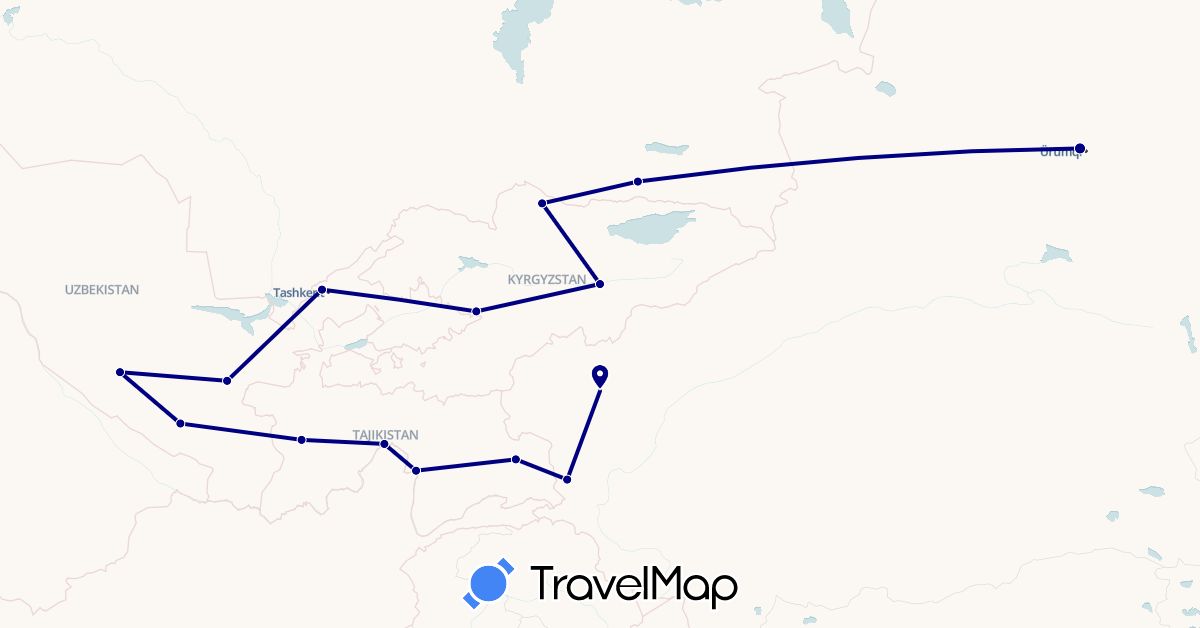 TravelMap itinerary: driving in China, Kyrgyzstan, Kazakhstan, Tajikistan, Uzbekistan (Asia)